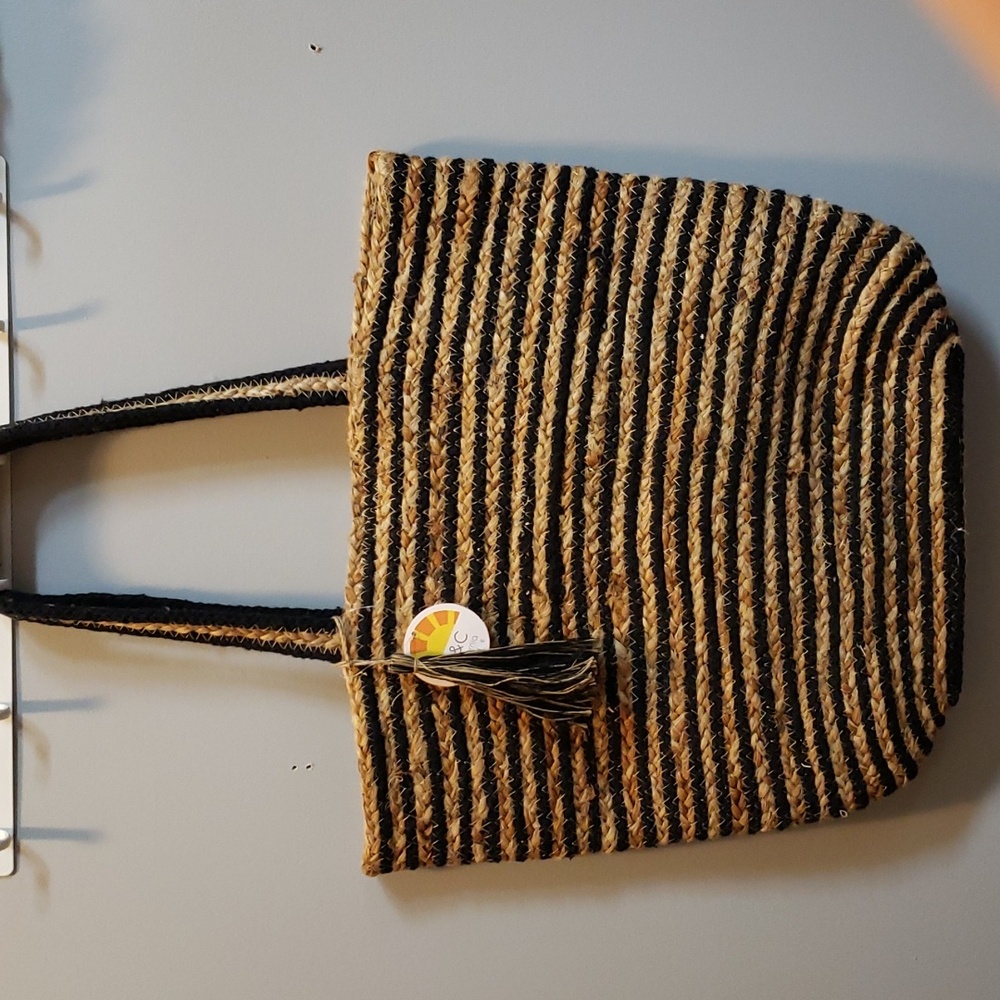 C&C California NWT Black Cotton and Natural Jute Striped Tote Bag